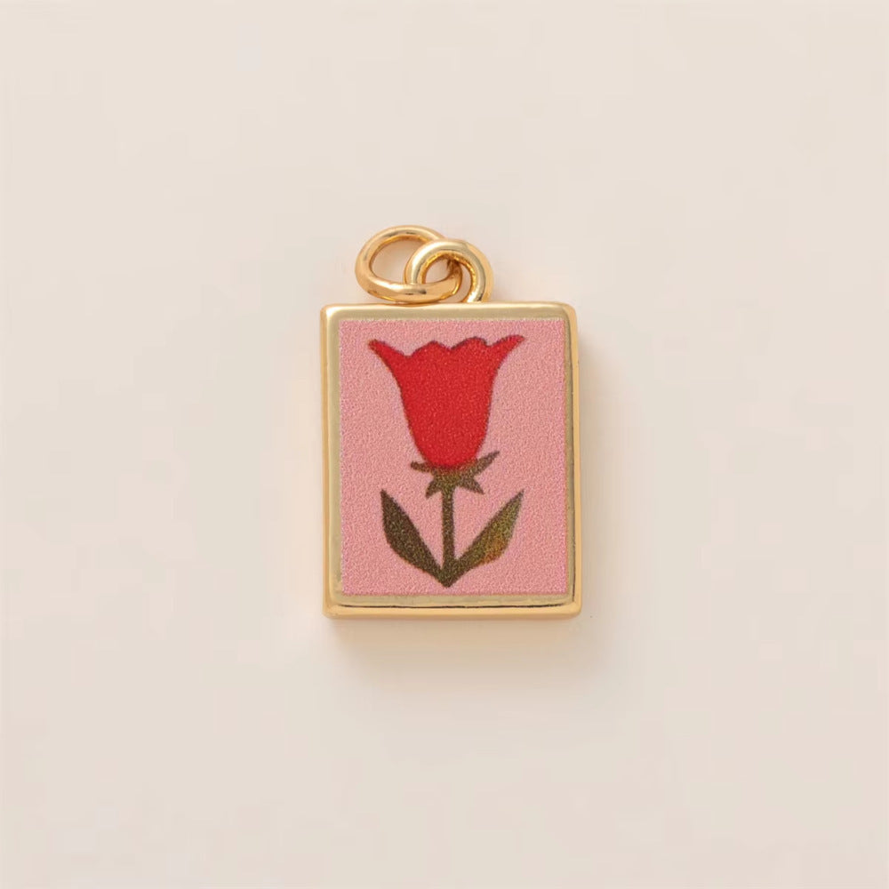 Minimalist Sweet Round Heart Floral Brass Drip Oil Plated Charm Bar Pendant