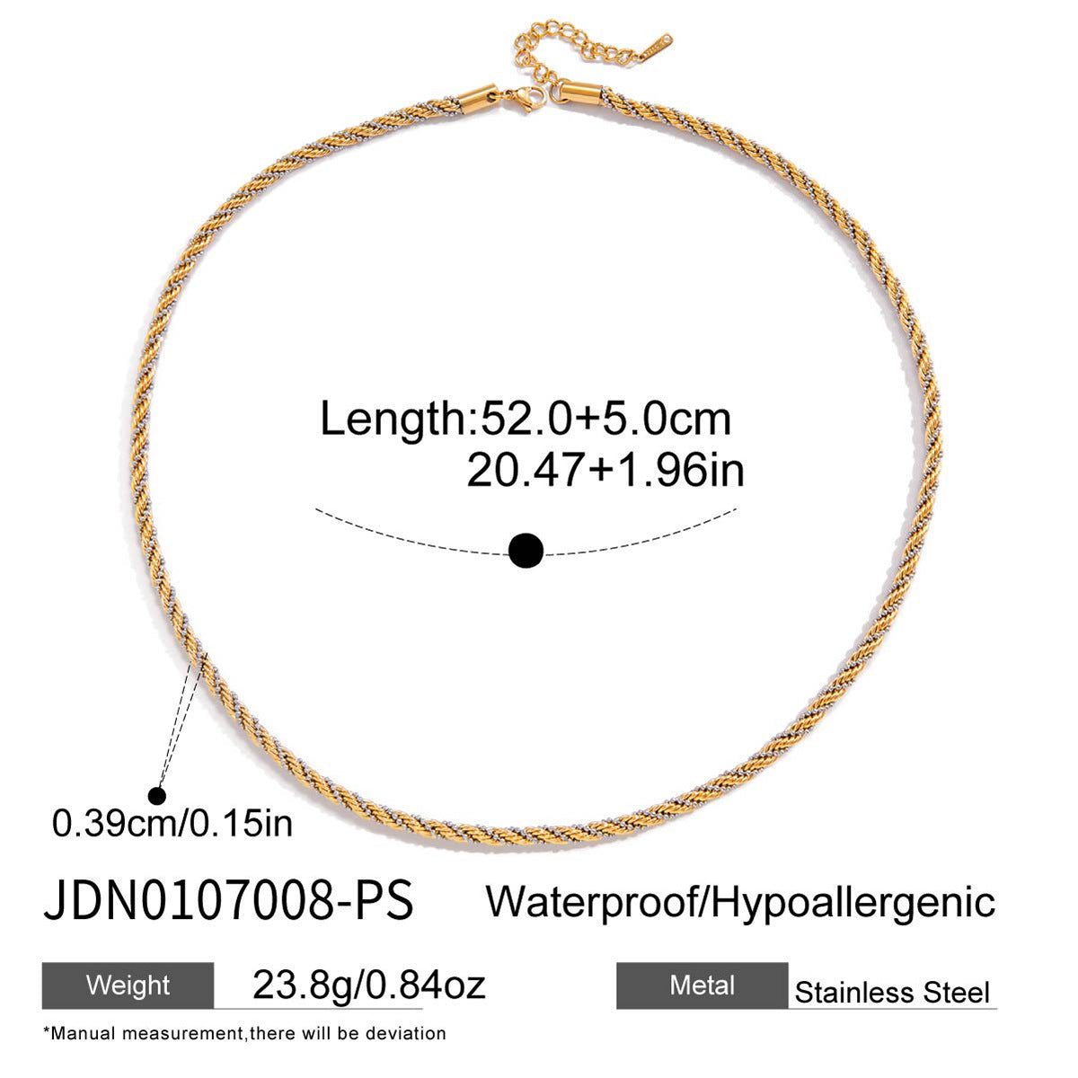 Set di collana e bracciale da donna in corda intrecciata d'acciaio inossidabile moderno e minimalista con finitura placcata