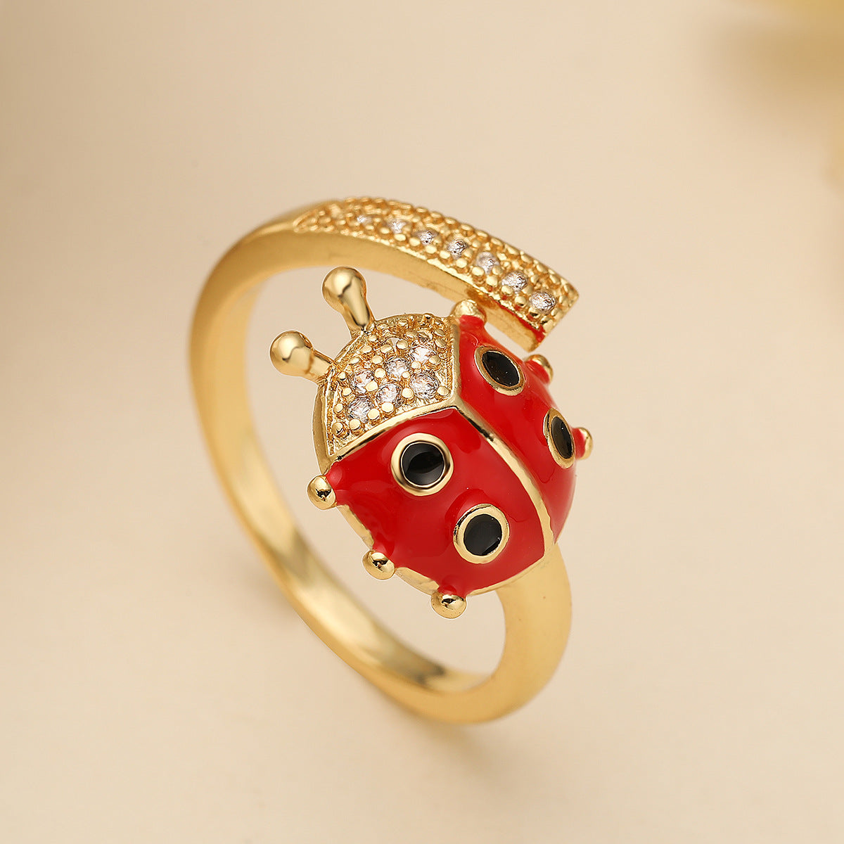 Minimalist Ladybug-Shaped Ring in Copper with 18K Gold Plating and Enamel Finish, Geometric Design