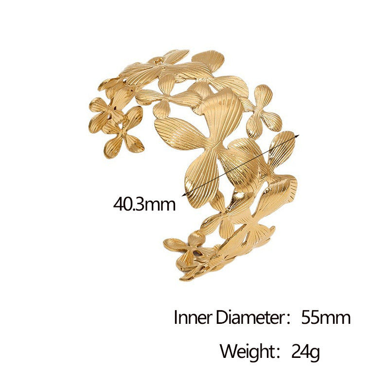 Minimalist 18K Gold Plated Stainless Steel Wide Cuff Bracelet with Lily Flower Design for Women