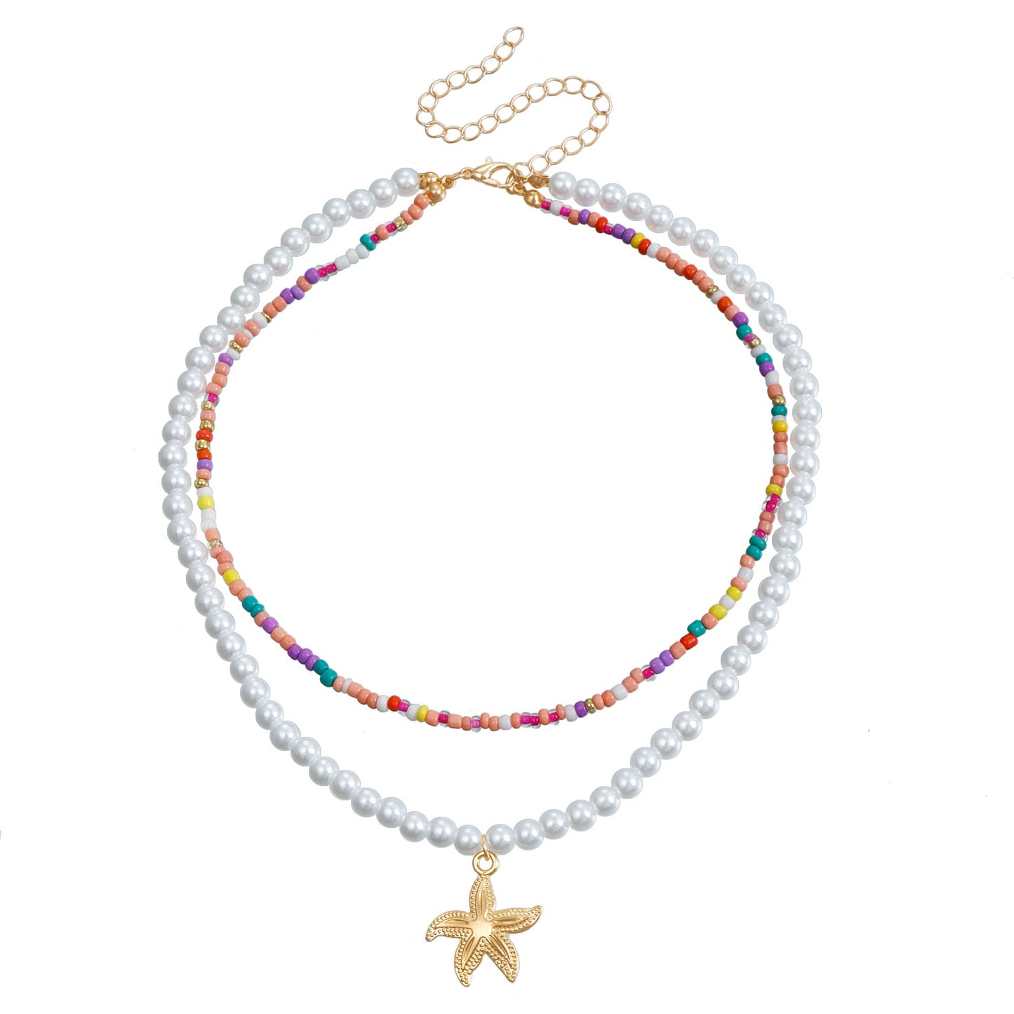 Bohemian Colorful Beaded Imitation Pearl Double Layer Shell Pendant Necklace for Women