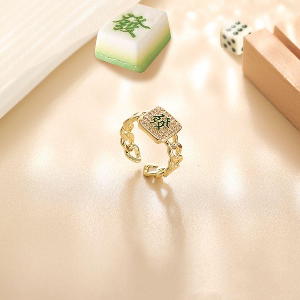 Original Design Geometric Alloy Ring with Gold Plating Inspired by Mahjong Tile Red Zhong Symbol for Women Elegant Minimalist Luxury Adjustable Band