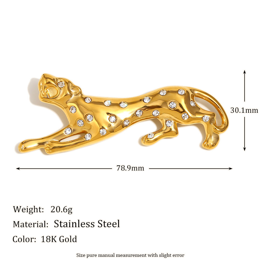 Spilla Minimalista a Leopardo da Donna in Acciaio Inossidabile con Placcatura in Oro 18K e Intarsio Completo di Strass