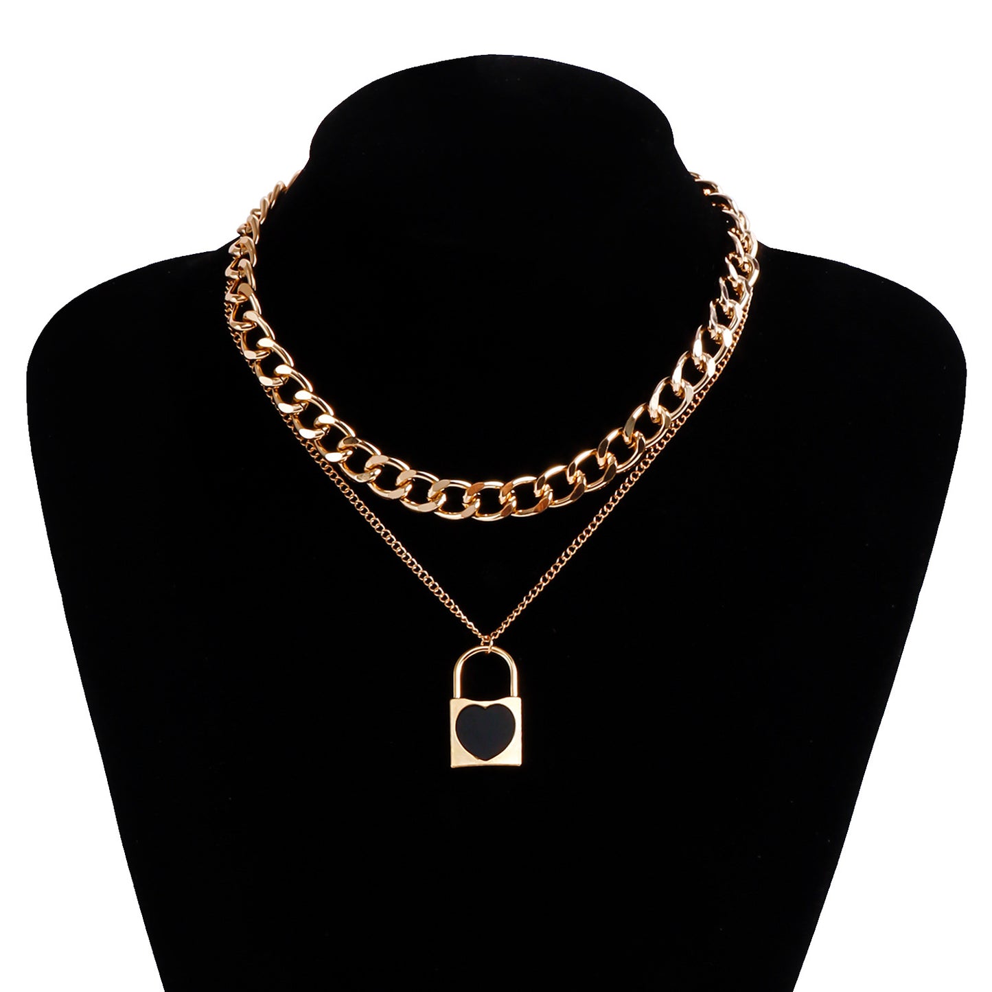 Elegant Two-Tier Black Heart-Shaped Lock Pendant Necklace in Metal with Electroplated Finish on Clavicle Chain