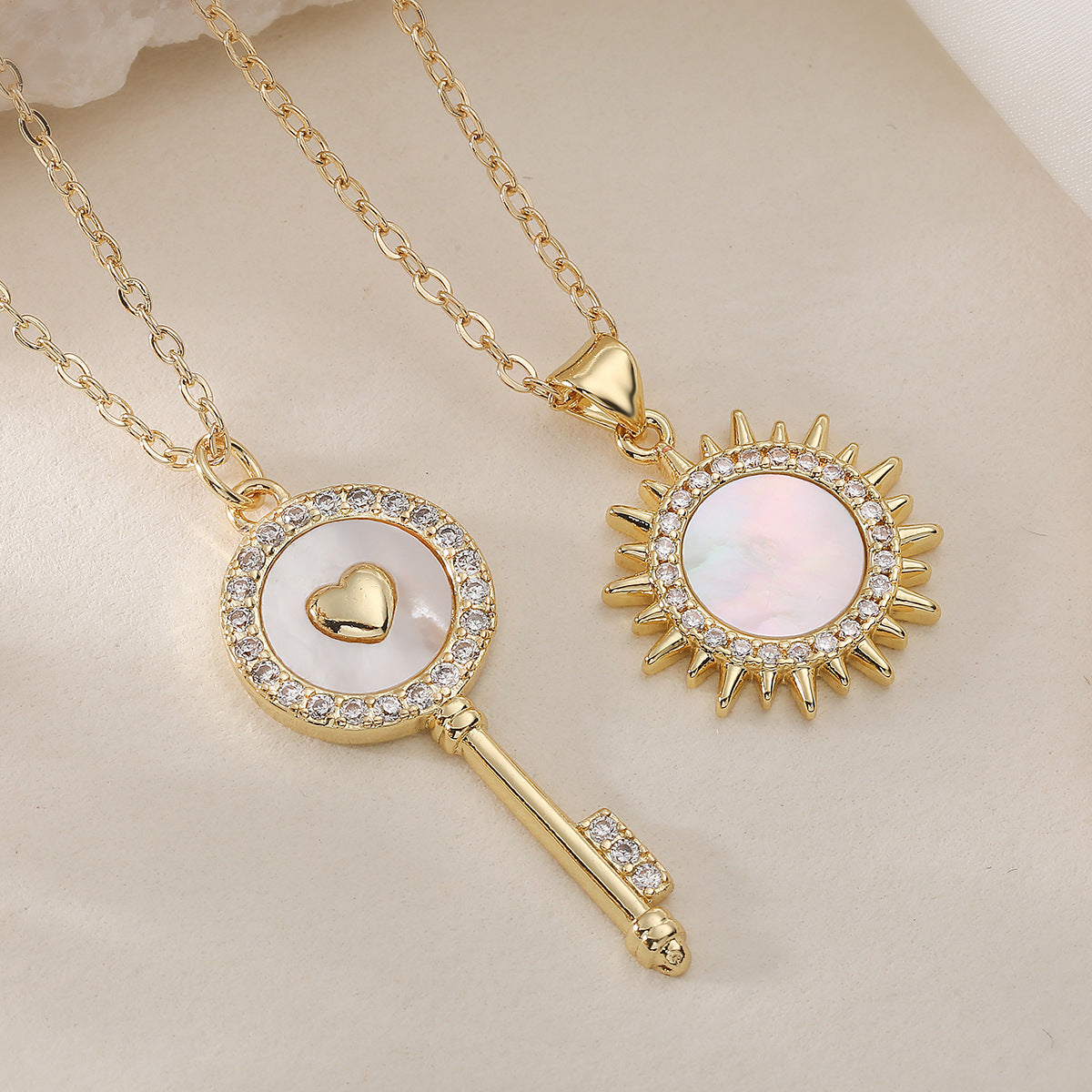 Minimalist Elegant 18K Gold Plated Brass Geometric Key Pendant Necklace with Cubic Zirconia and Shell Inlay for Women