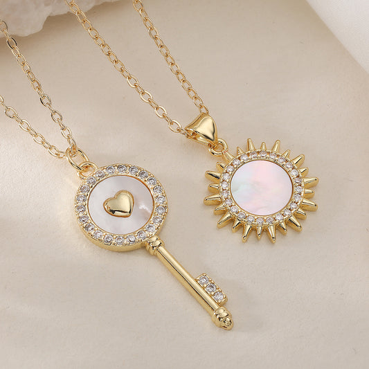 Minimalist Elegant 18K Gold Plated Brass Geometric Key Pendant Necklace with Cubic Zirconia and Shell Inlay for Women