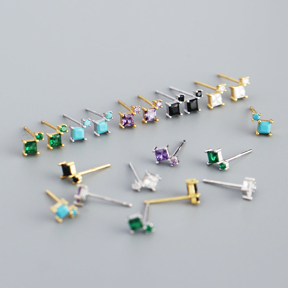 Sweet 925 Sterling Silver Square Geometric Cubic Zirconia Inlay Earrings