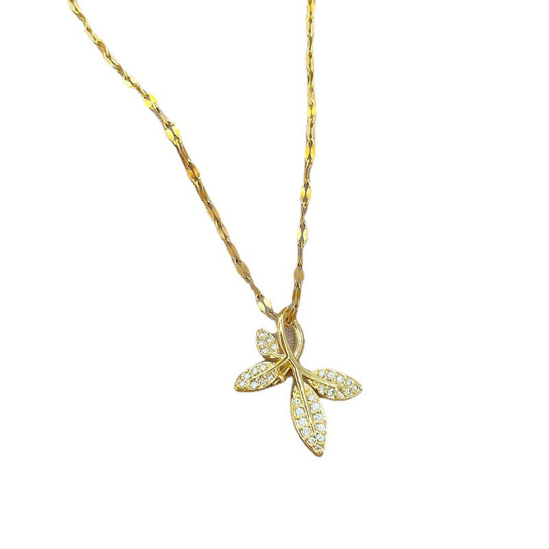 Minimalist Leaf-Shaped Titanium Steel Necklace with Micro-Pavé Rhinestones for Women