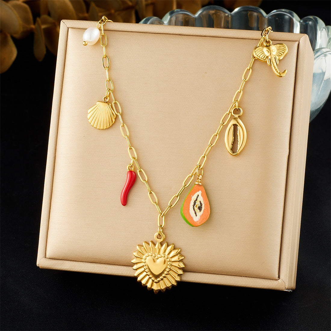 Chic Gold Plated Stainless Steel Heart Bow Floral Pendant Necklace Curb Chain