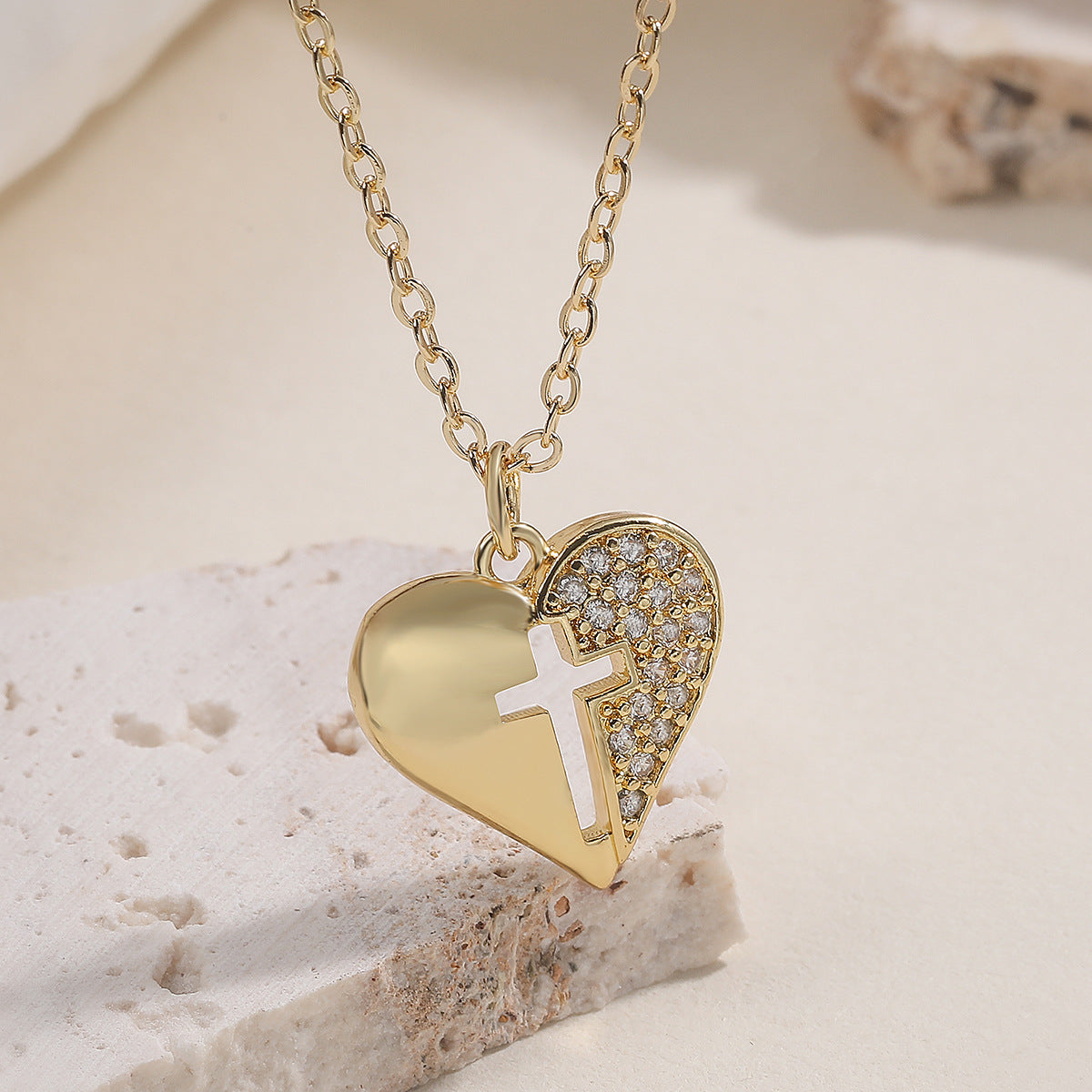 Minimalist 18K Gold Plated Brass Cubic Zirconia Heart Cross Pendant Necklace