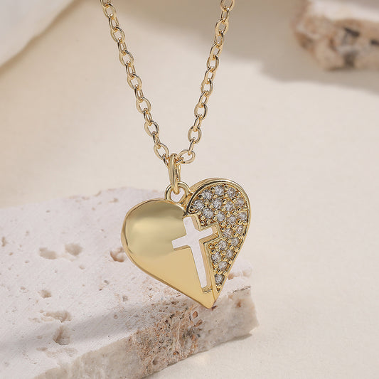 Minimalist 18K Gold Plated Brass Cubic Zirconia Heart Cross Pendant Necklace
