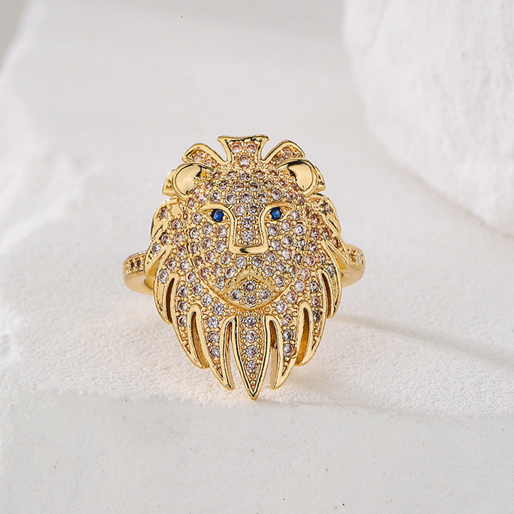 Anello da donna minimalista a forma di leone geometrico in rame placcato oro con intarsio in zircone