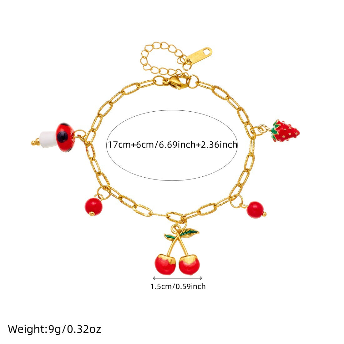 Sweet Gold Plated Drip Oil Cherry Strawberry Mushroom Pendant Bracelet