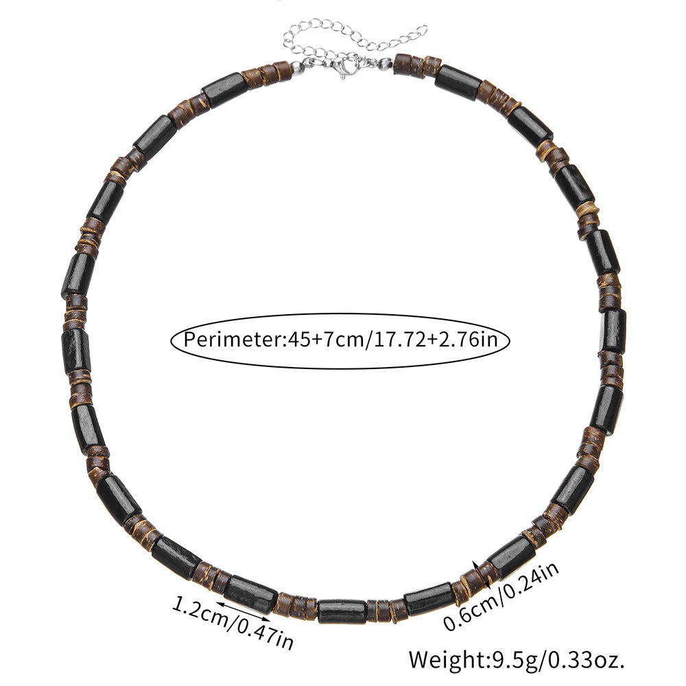 Bohemian Minimalist Geometric Wood and Turquoise Pendant Stainless Steel Ball Chain Necklace for Men and Women