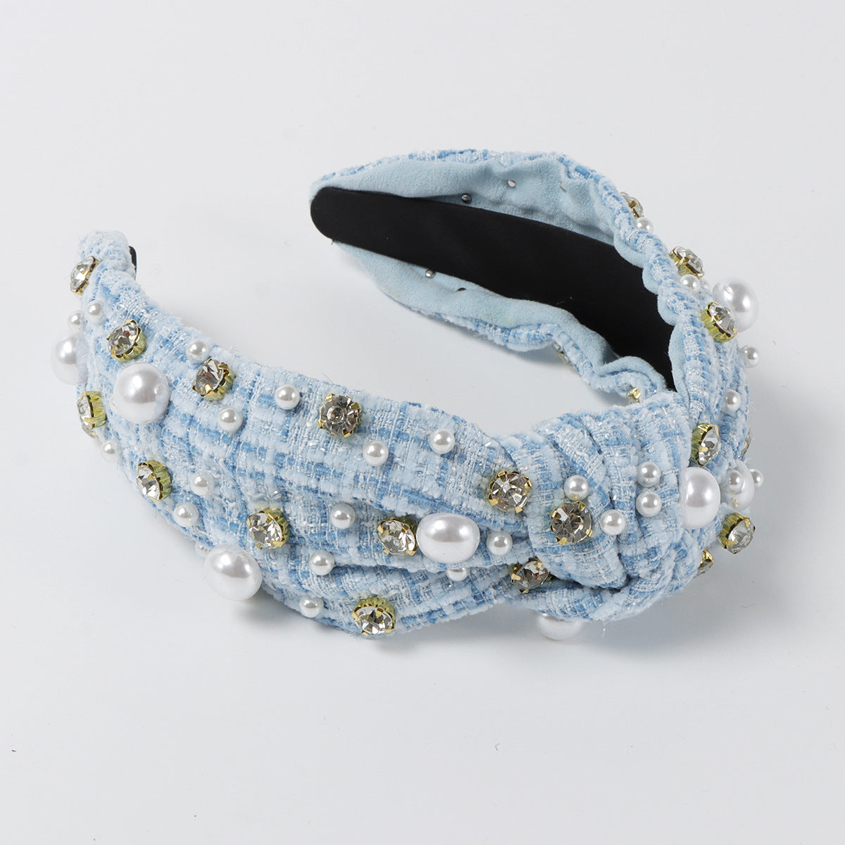 Cerchietto in Tessuto Dolce-Audace con Strass e Impreziosimenti in Perle Sintetiche, Design a Linee Geometriche, Fascia Larga con Nodo, Accessorio per Capelli da Donna