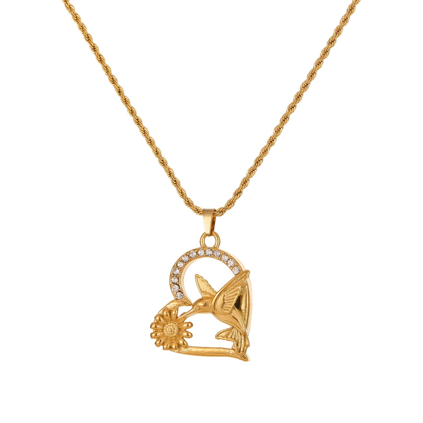 Elegante collar con colgante de colibrí y estampado floral de acero inoxidable con baño de oro de 18 quilates para mujer al estilo de las profesionales de oficina