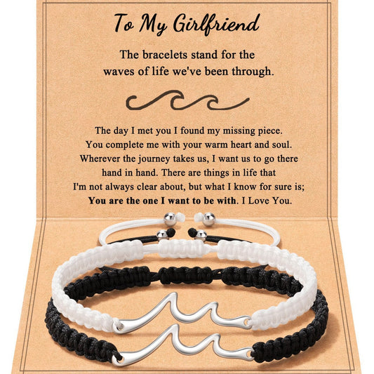 Minimalist Stainless Steel Woven Couple Bracelet Set with Wave Pendant