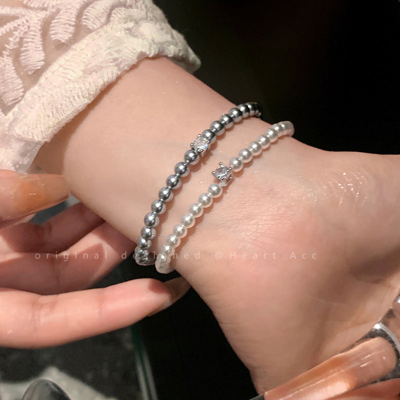Vintage French Geometric Pearl-Style Bracelet with Zircon Accents Handmade for Women