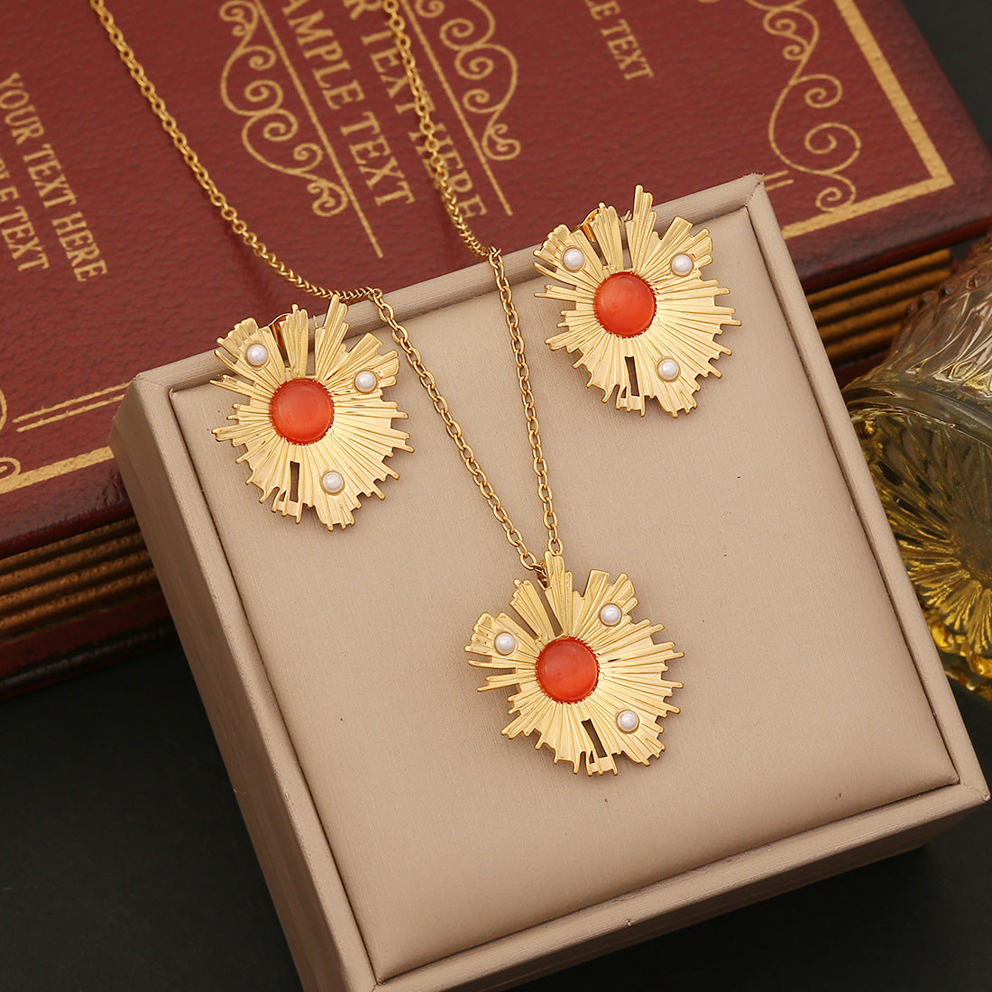 Conjunto de collar con colgante irregular geométrico con dije de flor de acero inoxidable y detalle de borla para mujer
