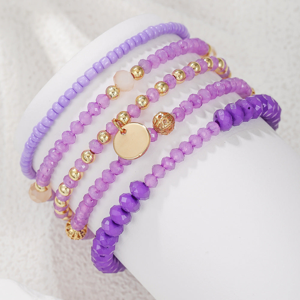 Bohemian Geometric Round Heart Handmade Alloy Glass Beaded Bracelet Set for Women