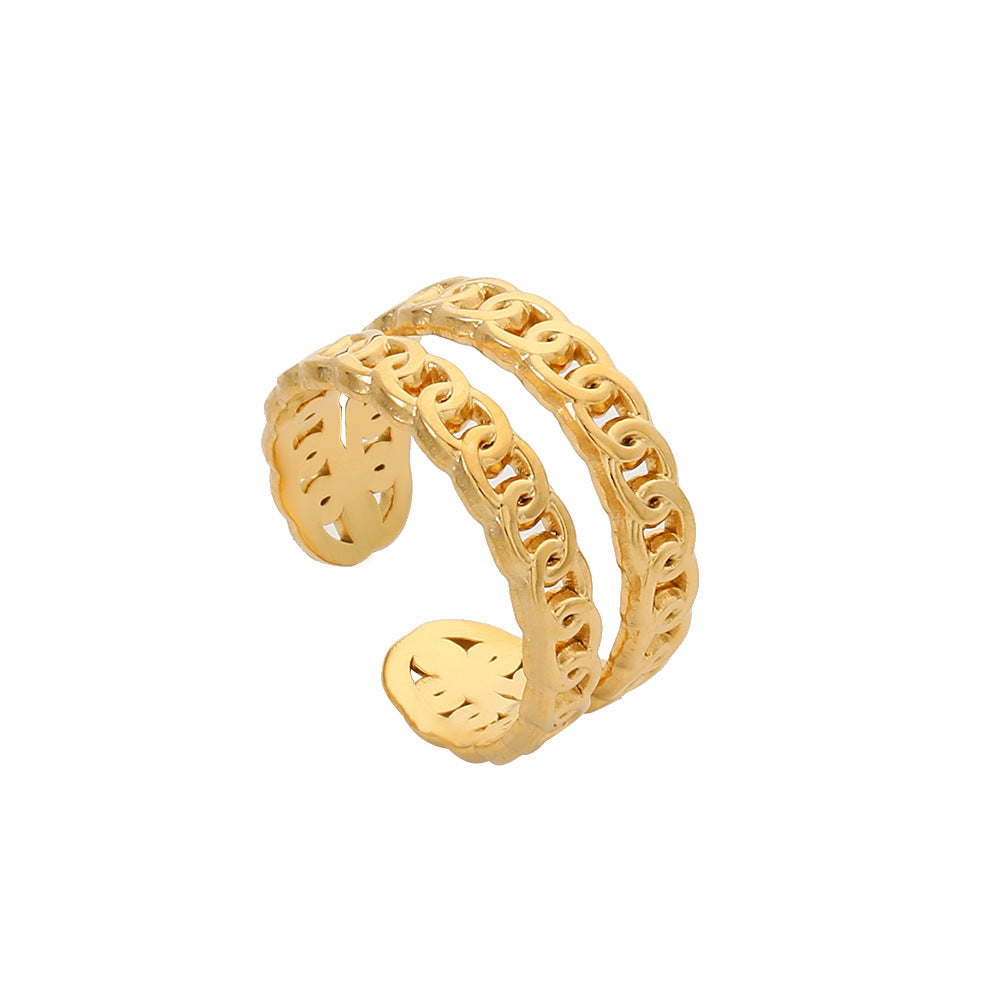 Anello da donna regolabile geometrico minimalista in acciaio inossidabile con design cavo e finitura placcata