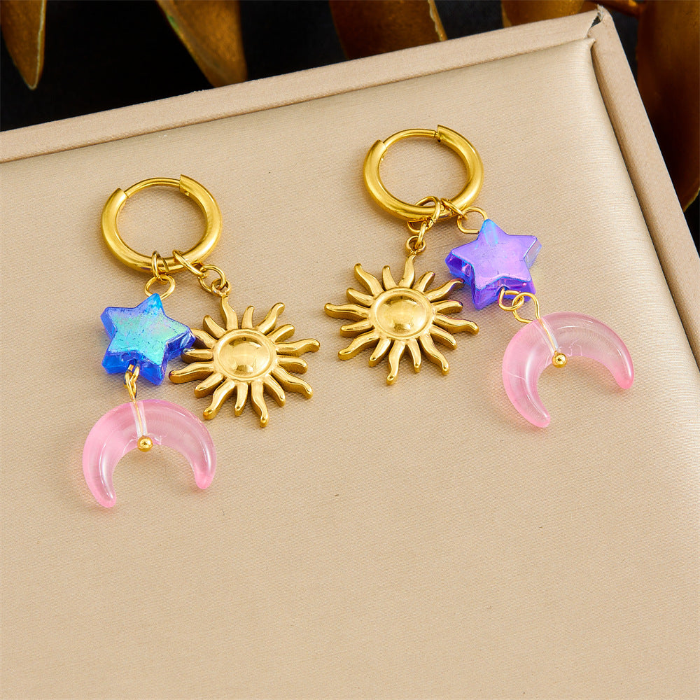 Minimalist Sweet Gold Plated Stainless Steel Star Moon Sun Earrings
