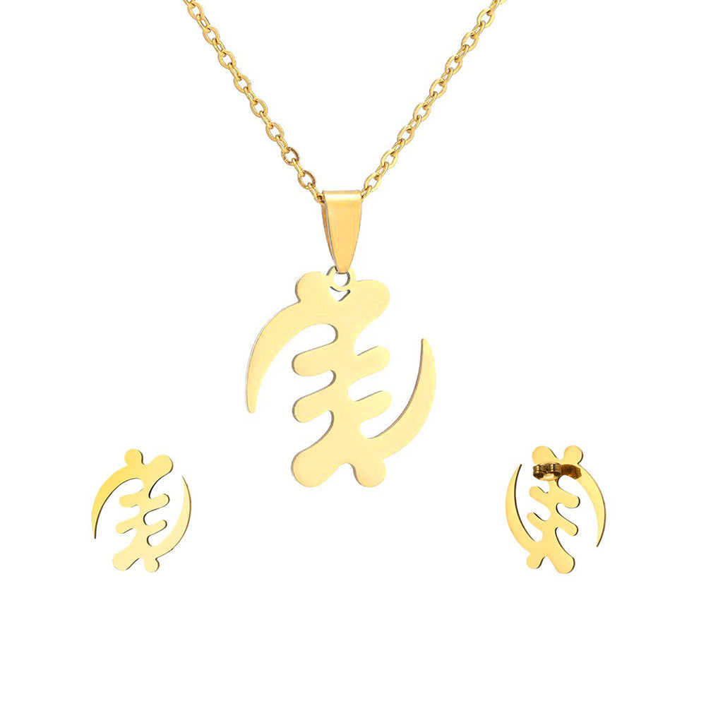 Collar y pendientes de mujer de acero inoxidable chapado en oro con colgante de símbolo africano geométrico de moda