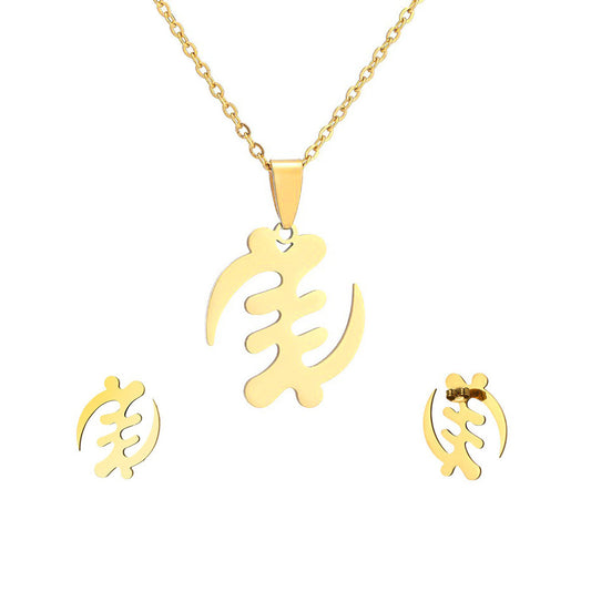 Fashionable Geometric African Symbol Pendant Necklace and Earrings Set in Stainless Steel with Gold Plating for Women
