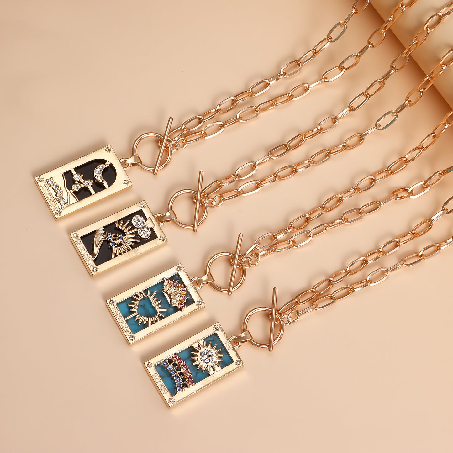 Vintage-Inspired Geometric Alloy Pendant Necklace with Imitation Rhinestone and Mother-of-Pearl Inlay, Electroplated Long Layered Clavicle Chain for Women