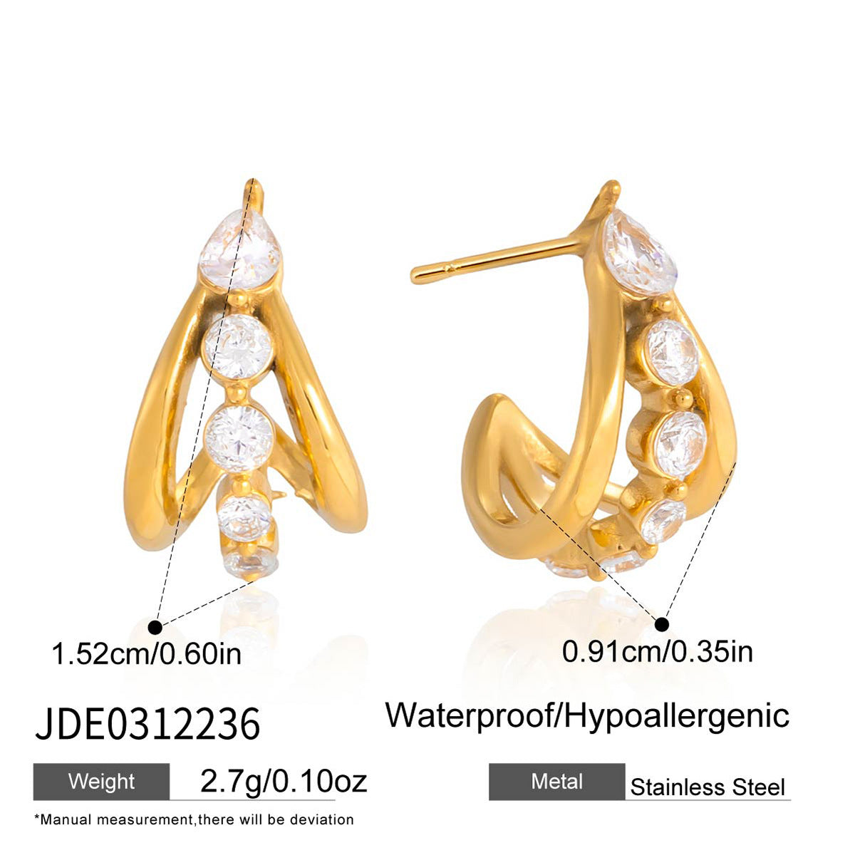 Minimalist Elegant Geometric Stainless Steel Plated Cubic Zirconia C-Shaped Earrings for Women