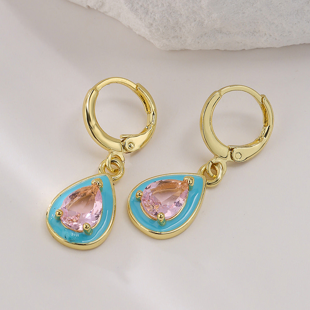 Bohemian Geometric Drip Enamel Zircon Drop Earrings for Women in Copper with Real Gold Plating
