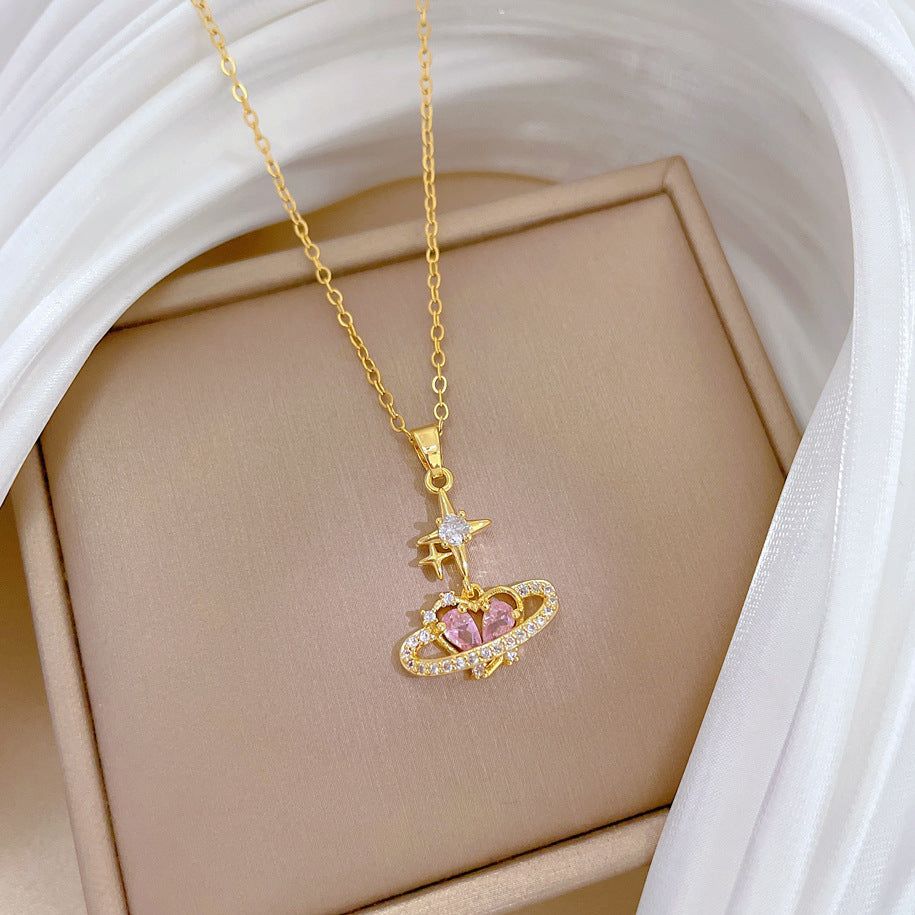 Minimalist Heart Starburst Pendant Necklace for Women in Titanium Steel with Rhinestone Inlay on Delicate Clavicle Chain