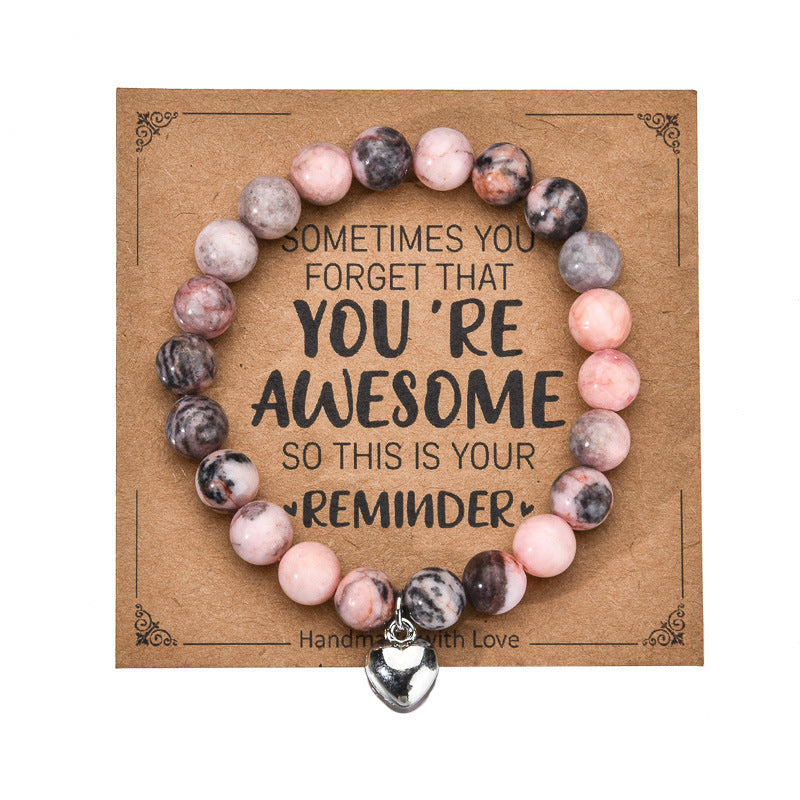 Sweet Zebra Print Agate Heart Bracelet with Imitation Pearl and Green Pink Crystal Unisex Jewelry