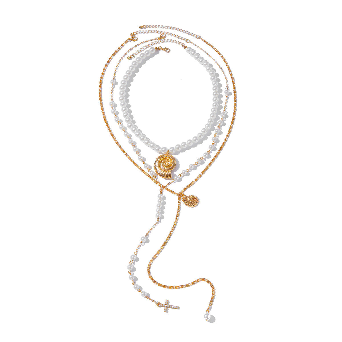 Collar con colgante de cruz minimalista de concha y cadena en forma de Y con perlas para mujer