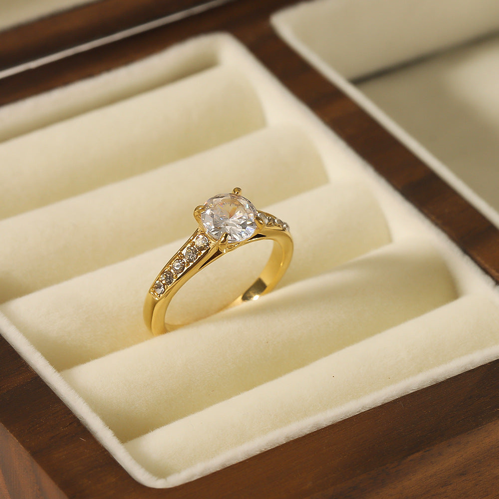 Vintage Geometric Four-Prong Rhinestone Ring 18K Gold Plated Stainless Steel Women's Jewelry