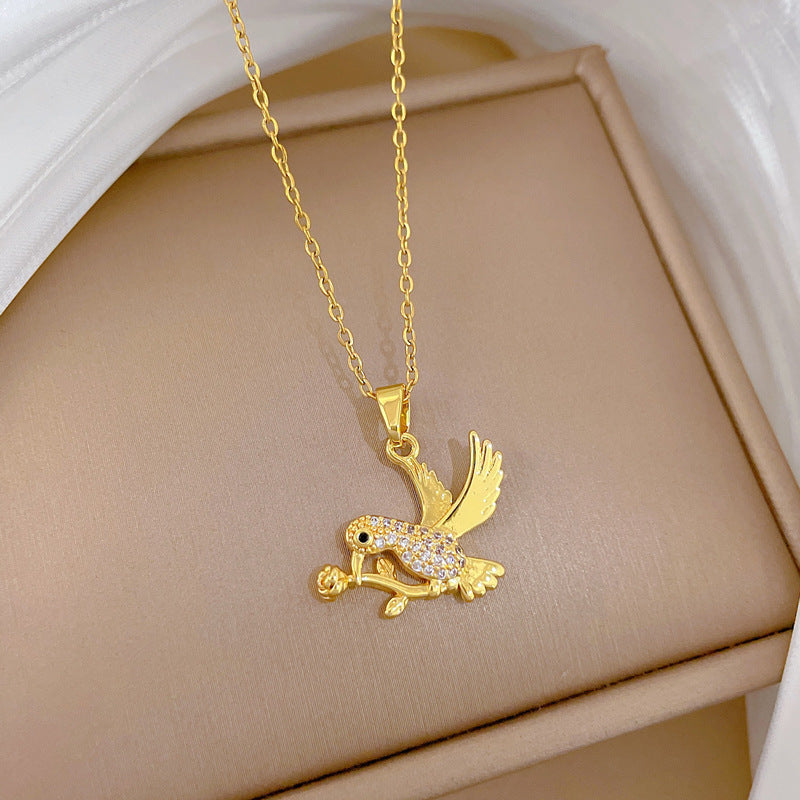 Sweet Elegant Geometric Swallow with Rose Gold Plated Titanium Steel Necklace Full Rhinestone Unisex Cable Chain