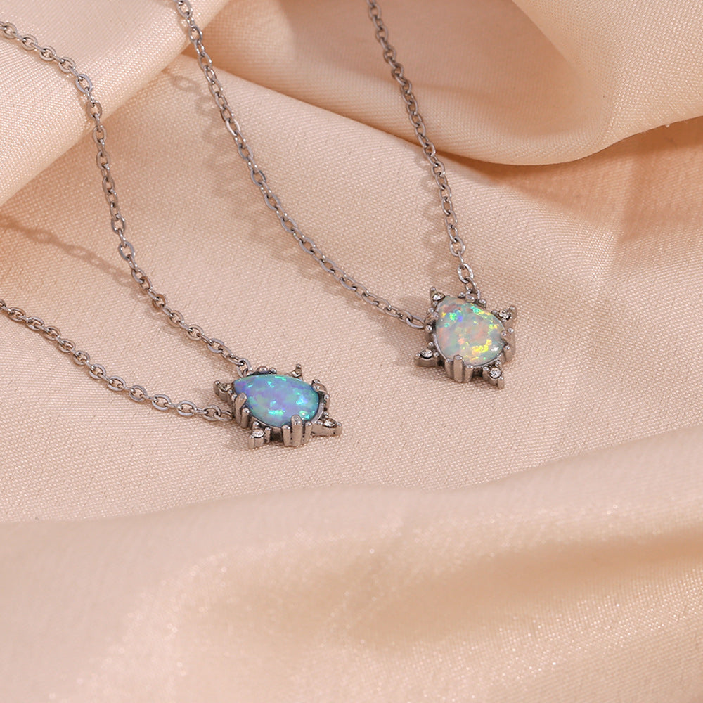 Fashionable Vintage Stainless Steel Water-Drop Shaped Australian Opal Pendant Necklace for Women with Electroplating Finish
