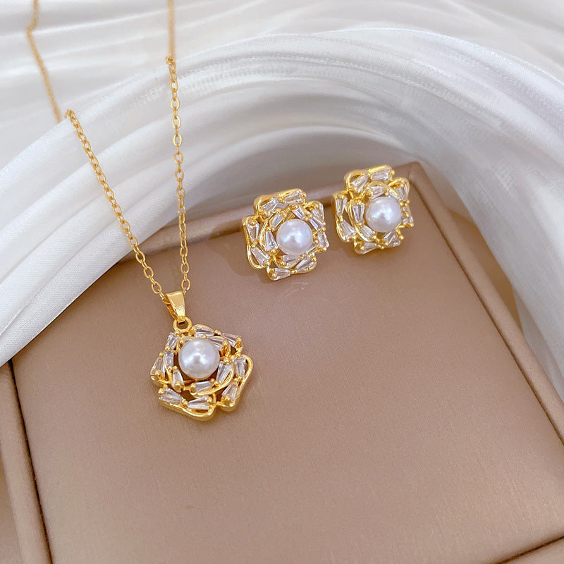 Luxury Fresh and Sweet Plated Brass Zircon Micro-Pave Earrings and Necklace Set