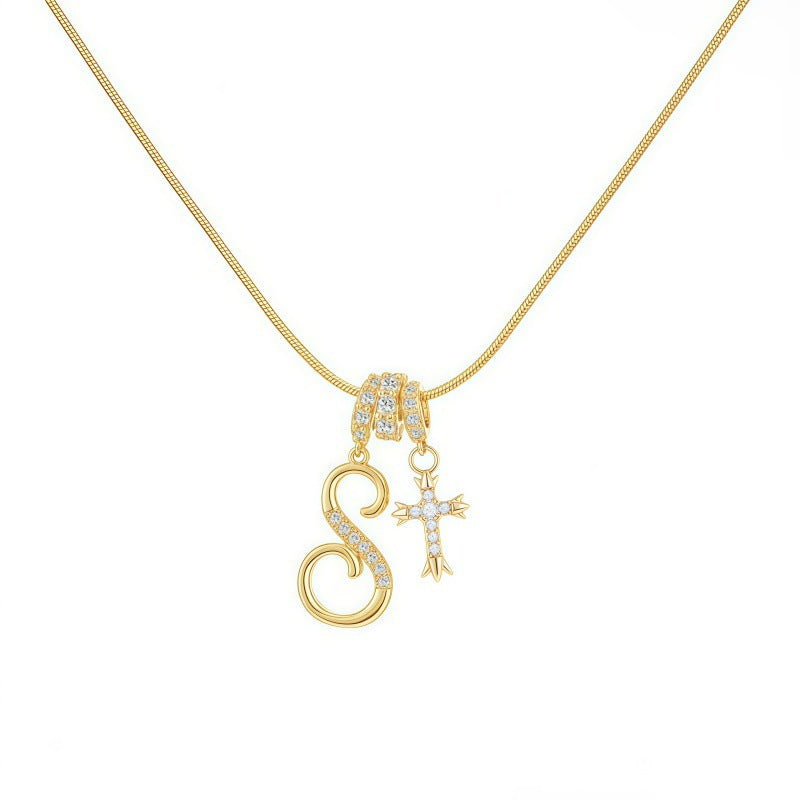 Sweet 22K Gold Plated Letter Titanium Steel Pendant Brass Cable Chain Necklace Unisex