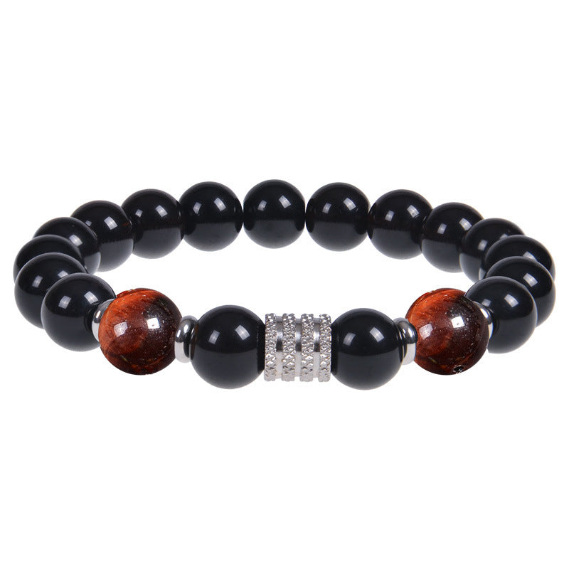 Minimalist Vintage Geometric Round Natural Obsidian Tiger Eye Stainless Steel Bracelet Unisex