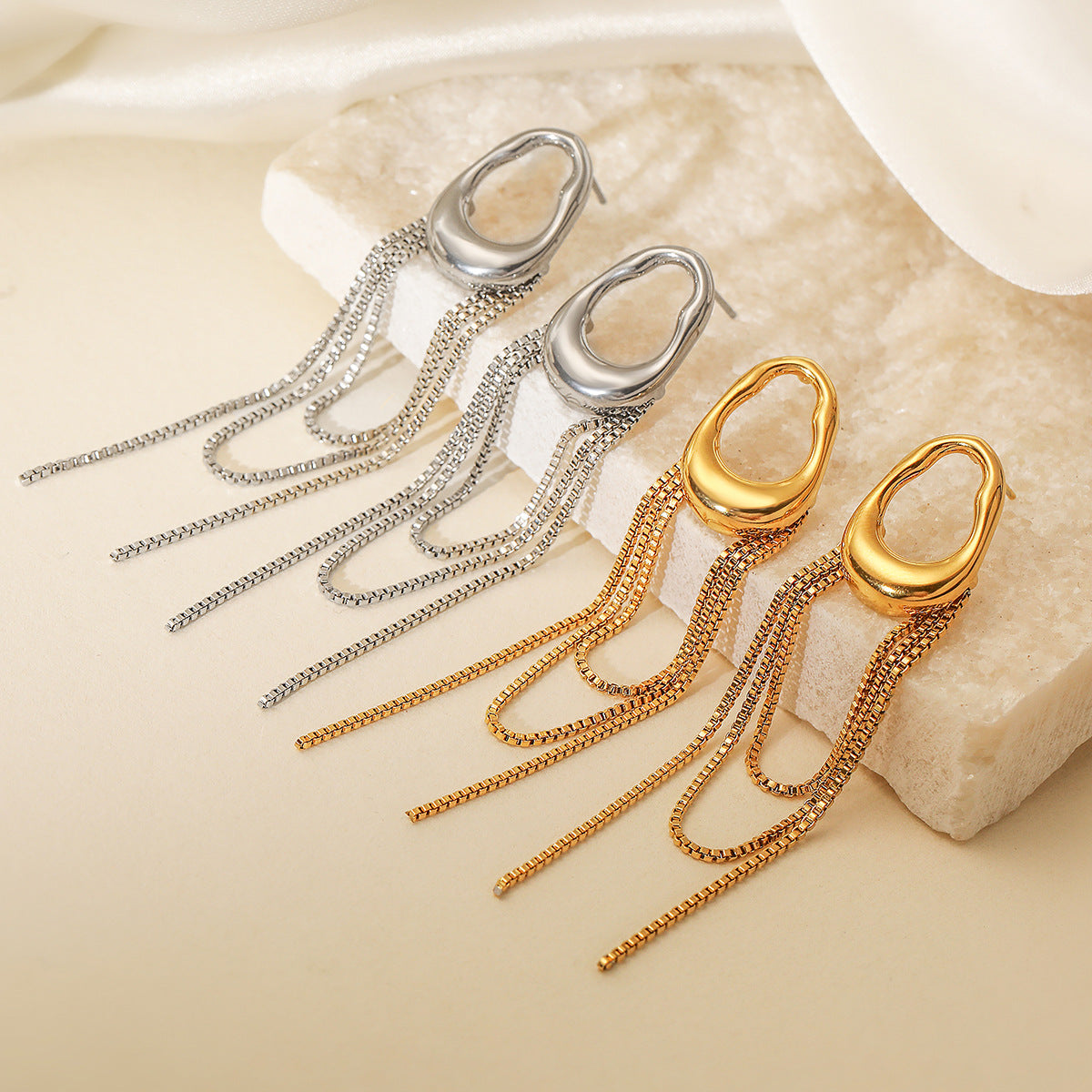 Minimalist 18K Gold Plated Geometric Stainless Steel Tassel Earrings for Women