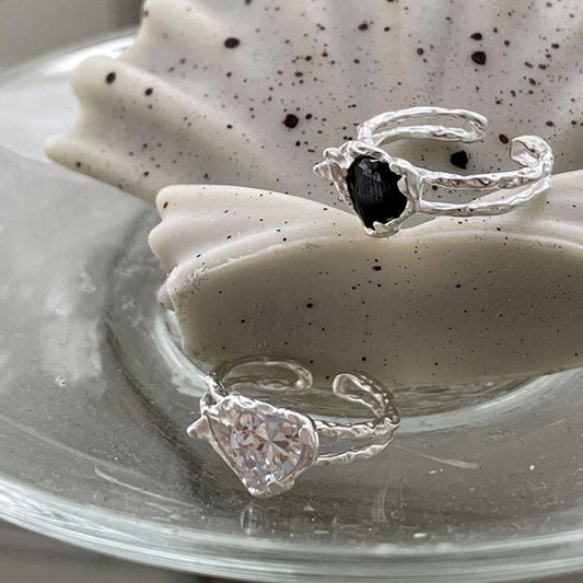 Sweet Minimalist Irregular Heart-Shaped Zirconia-Set S925 Sterling Silver Open Ring