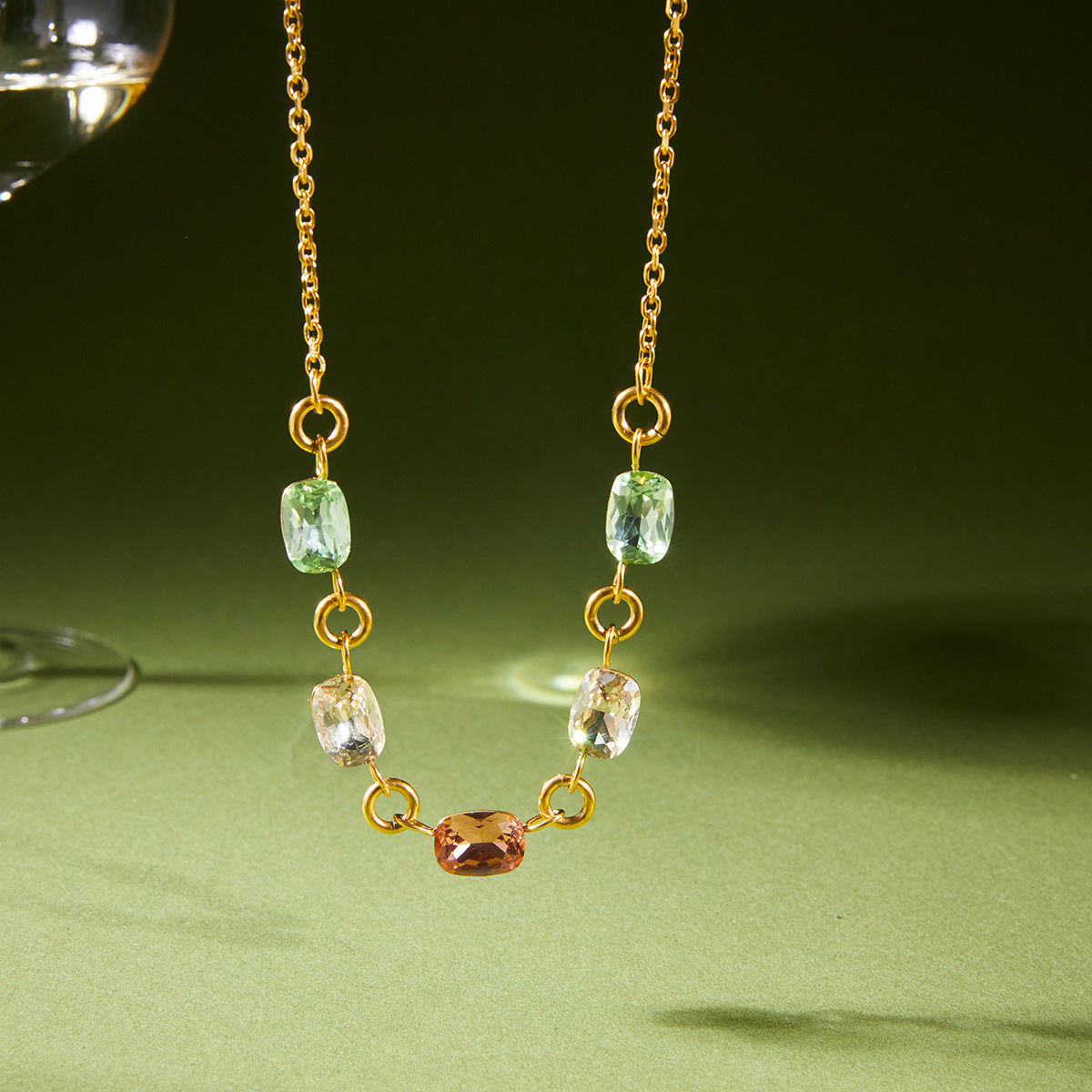 Minimalist Colorful Rhinestone Geometric Stainless Steel PVD Plated Necklace for Women