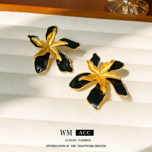 Vintage Floral Enamel Double-Layer Flower Stud Earrings in Alloy with Stainless Steel Posts for Women