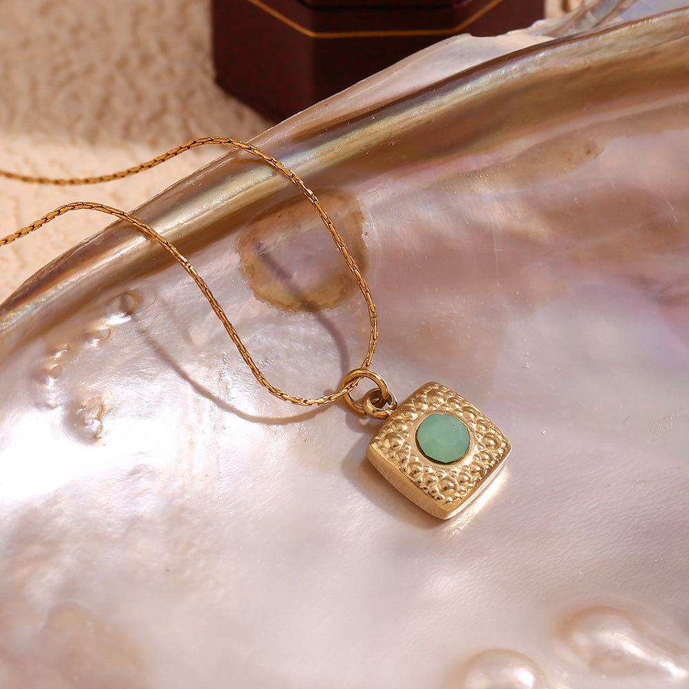 Minimalist Square Scale-Texture Green Stone Pendant Necklace for Women in Stainless Steel with 18K Gold Plating