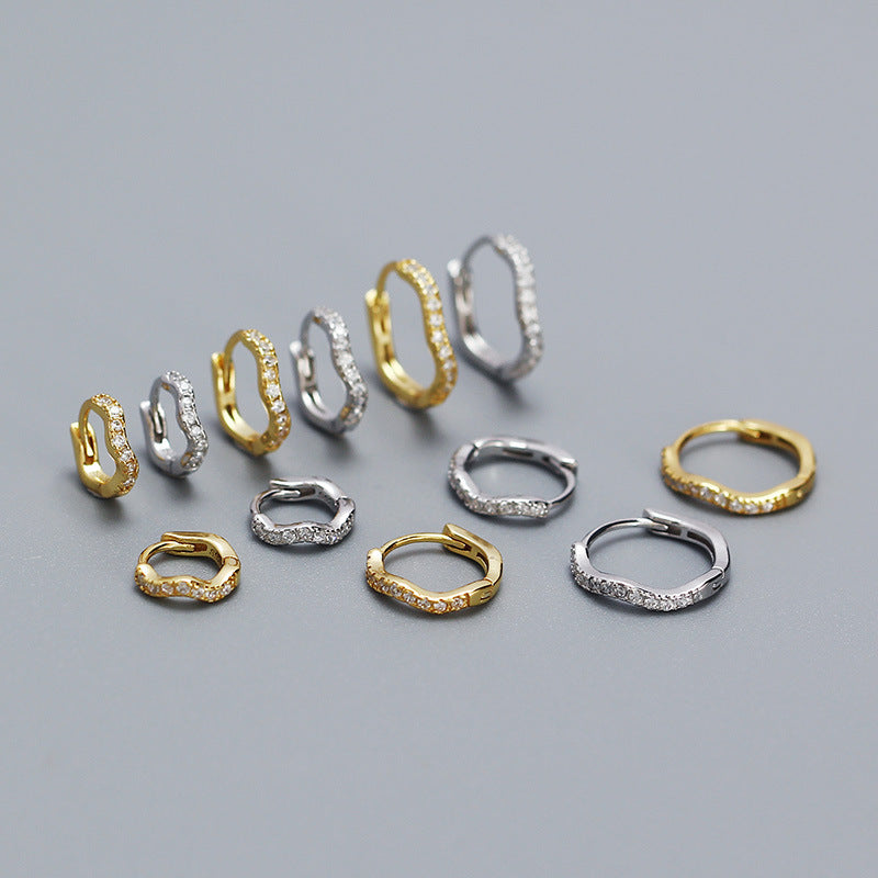 Minimalist Wave-Shaped S925 Sterling Silver Stud Earrings with Rhinestone Inlay for Women
