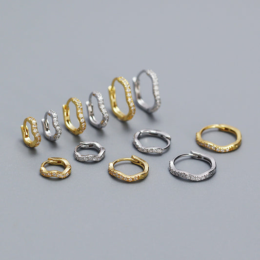 Orecchini a perno da donna a forma di onda minimalista in argento sterling S925 con intarsio di strass