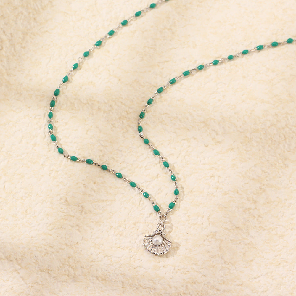 Minimalist Geometric S925 Sterling Silver Electroplated Clavicle Necklace with Resin-Coated Shell and Pearl Pendant for Women