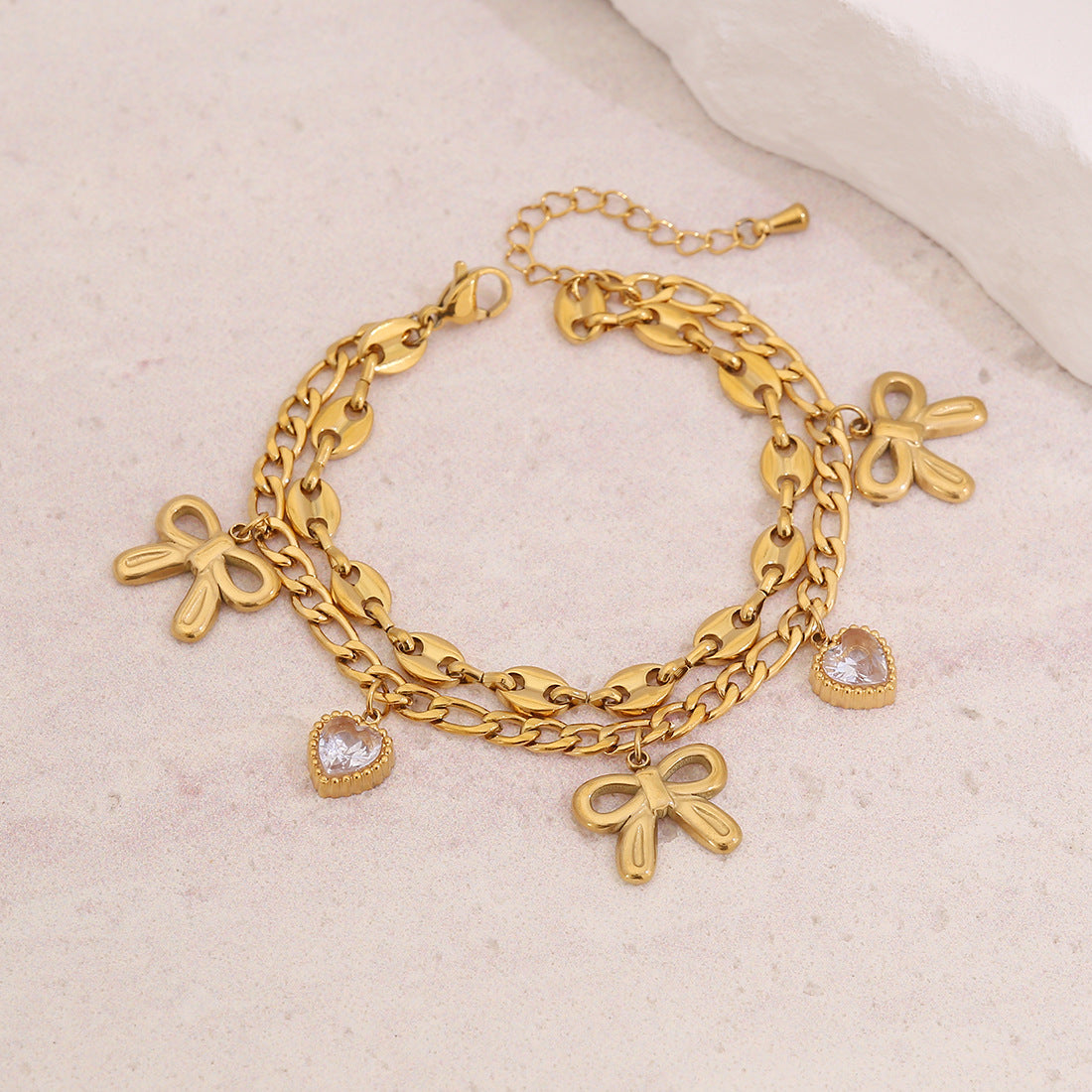 Bracciale Personalizzato a Doppio Strato in Acciaio Inossidabile con Fiocco, Stella, Luna e Cuore, con Intarsio di Strass e Design a Catena a Naso di Maiale per Donna