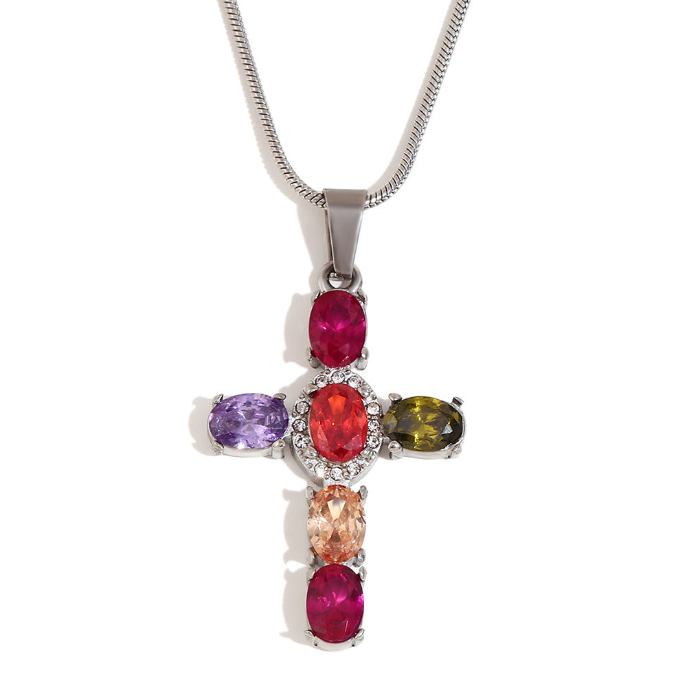 Collana bohémien vintage con ciondolo a croce in acciaio inossidabile placcato oro 18 carati e intarsi di strass colorati su catena sottile a serpente per donna